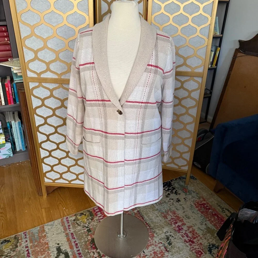 Lands End Size XL Beige & Red Plaid Long Sleeve Shawl Collar Cardigan Sweater - Picture 15 of 16